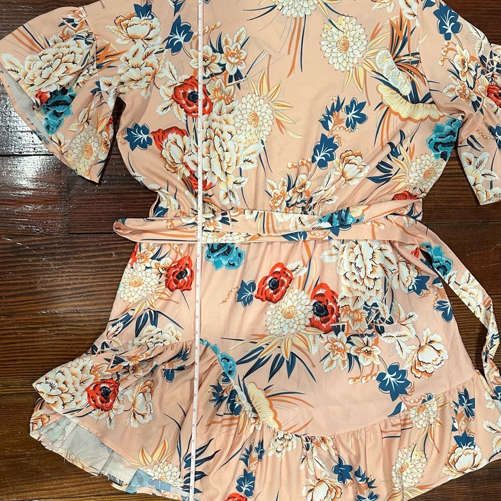 Peach with blue and red flowers Ruffled Tie Front Sundress